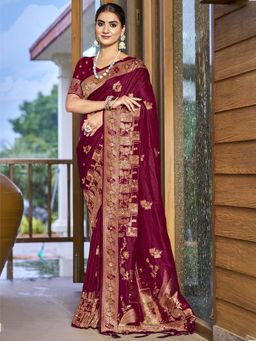 Sangam Prints - Wine Silk Woven Work Traditional Saree with Unstitched Blouse