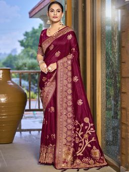 Sangam Prints - Wine Silk Woven Tassels Work Traditional Saree with Unstitched Blouse