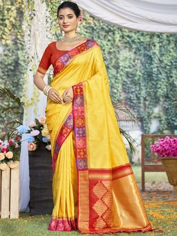 Sangam Prints - Yellow Silk Woven Tassels Work Traditional Saree with Unstitched Blouse