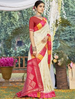 Sangam Prints - Cream Silk Woven Tassels Work Traditional Saree with Unstitched Blouse