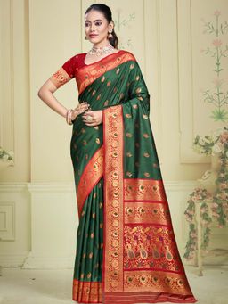 Sangam Prints - Bottle Green Silk Woven Zari Work Traditional Saree with Unstitched Blouse