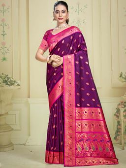 Sangam Prints - Wine Silk Woven Zari Work Traditional Saree with Unstitched Blouse