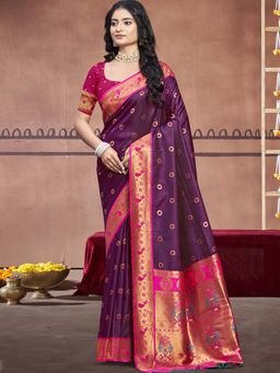 Sangam Prints - Wine Silk Woven Zari Work Traditional Saree with Unstitched Blouse