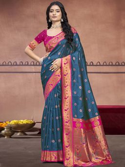 Sangam Prints - Navy Blue Silk Woven Zari Work Traditional Saree with Unstitched Blouse