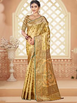 Sangam Prints - Beige Silk Woven Zari Work Traditional Saree with Unstitched Blouse