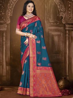 Sangam Prints - Navy Blue Silk Woven Zari Work Traditional Saree with Unstitched Blouse