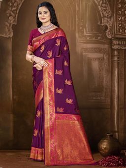 Sangam Prints - Wine Silk Woven Zari Work Traditional Saree with Unstitched Blouse