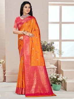 Sangam Prints - Orange Silk Floral Woven Work Traditional Saree with Unstitched Blouse