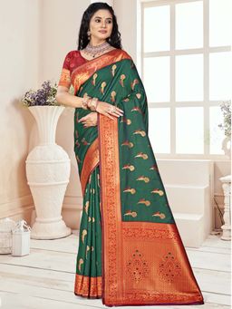 Sangam Prints - Bottle Green Silk Floral Woven Work Traditional Saree with Unstitched Blouse