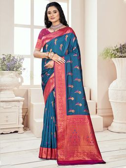 Sangam Prints - Navy Blue Silk Floral Woven Work Traditional Saree with Unstitched Blouse