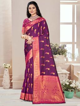 Sangam Prints - Wine Silk Floral Woven Work Traditional Saree with Unstitched Blouse