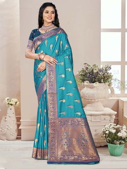 Sangam Prints - Sky Blue Silk Floral Woven Work Traditional Saree with Unstitched Blouse