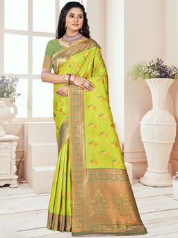 Sangam Prints - Parrot Green Silk Floral Woven Work Traditional Saree with Unstitched Blouse