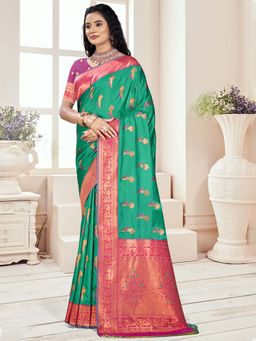 Sangam Prints - Green Silk Floral Woven Work Traditional Saree with Unstitched Blouse
