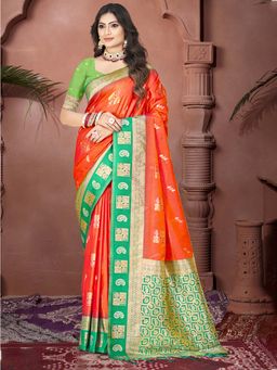Sangam Prints - Orange Silk Woven Work Traditional Saree with Unstitched Blouse