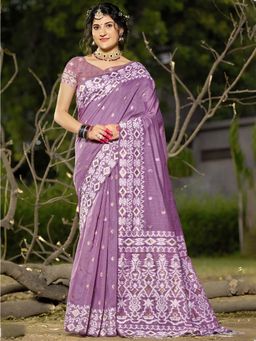 Sangam Prints - Purple Linen Woven Work Traditional Saree with Unstitched Blouse
