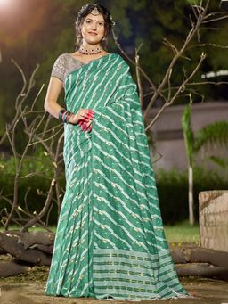 Sangam Prints - Teal Linen Woven Tassels Work Traditional Saree with Unstitched Blouse