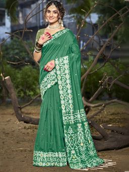 Sangam Prints - Green Cotton Woven Work Traditional Saree with Unstitched Blouse