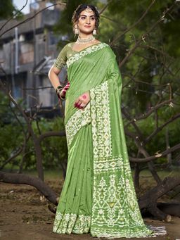 Sangam Prints - Green Cotton Woven Work Traditional Saree with Unstitched Blouse