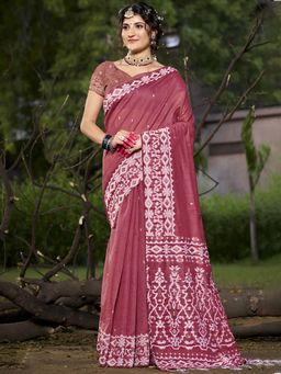 Sangam Prints - Dark Pink Cotton Woven Work Traditional Saree with Unstitched Blouse