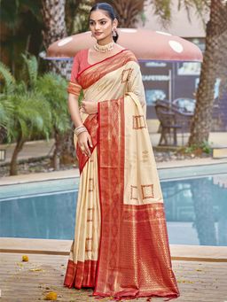 Sangam Prints - Cream Silk Woven Work Traditional Saree with Unstitched Blouse