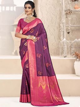 Sangam Prints - Wine Silk Woven Zari Work Saree with Unstitched Blouse