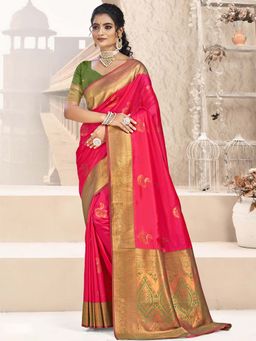 Sangam Prints - Rani Pink Silk Woven Zari Work Saree with Unstitched Blouse