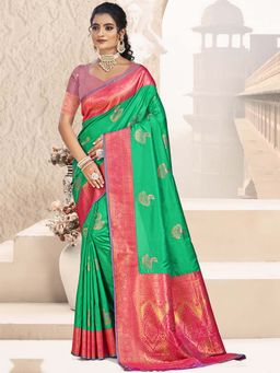 Sangam Prints - Green Silk Woven Zari Work Saree with Unstitched Blouse