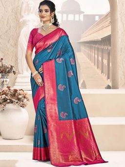 Sangam Prints - Navy Blue Silk Woven Zari Work Saree with Unstitched Blouse