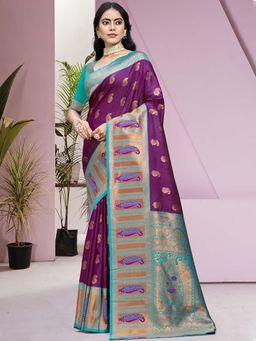 Sangam Prints - Wine Silk Woven Zari Work Traditional Saree with Unstitched Blouse