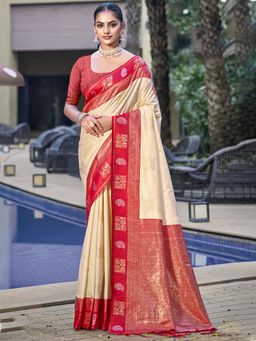 Sangam Prints - Cream Silk Woven Tassels Work Traditional Saree with Unstitched Blouse