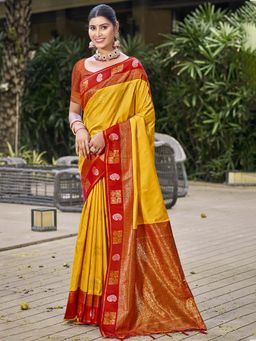 Sangam Prints - Yellow Silk Woven Tassels Work Traditional Saree with Unstitched Blouse