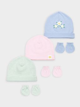 Mi Arcus - Cotton Solid Knitted Caps And Mittens Set (0-6 Months) (Pack of 6)