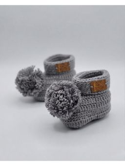FUNKRAFTS - Kids Pom Pom Design Handmade Organic Cotton Booties - Grey (6-12 Months)