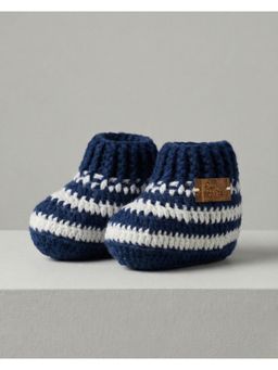FUNKRAFTS - Kids Stripes Handmade Organic Cotton Booties Shoes - Navy Blue (6-12 Months)