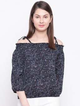 RARE - Women Casual Navy Blue Printed Bardot Top