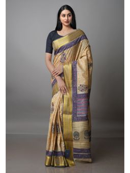 Unnati Silks - Beige Pure Handloom Bengal Tusshar Silk Saree with Unstitched Blouse