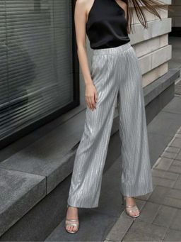 Outzidr - Silver Metallic Texture Wide Leg Pant