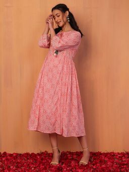 Indya - Peach Bandhani Print Embroidered Cotton Anarkali Kurta