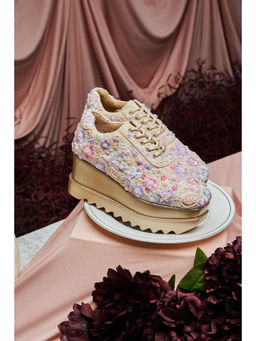 Anaar - Beige Floral Polka Wedge Sneakers