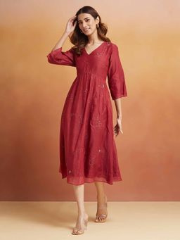 Fabindia - Maroon Cotton Silk Embellished Midi Dress