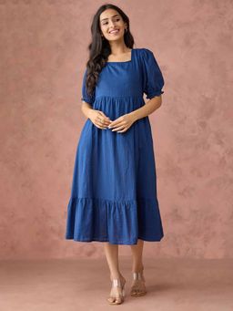 Fabindia - Blue Cotton Regular Fit Midi Dress