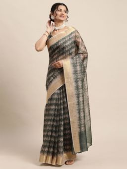 Odette - Womens Cotton Blend Grey Digital Print Designer Saree with Unstitched Blouse
