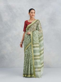 Fabindia - Green Cotton Silk Blend Hand Block Printed Saree Without Blouse