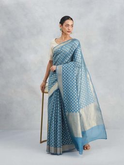 Fabindia - Blue Cotton Silk Blend Banarasi Saree Without Blouse