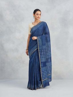 Fabindia - Blue Cotton Silk Blend Dabu Printed Saree Without Blouse