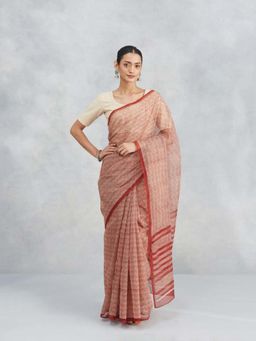 Fabindia - Red Cotton Silk Bagru Printed Saree Without Blouse