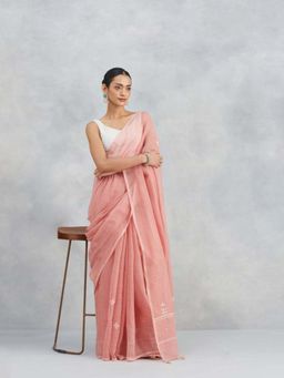 Fabindia - Pink Cotton Silk Embroidered Saree Without Blouse