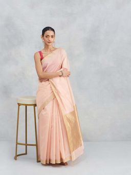 Fabindia - Pink Cotton Silk Blend Chanderi Saree Without Blouse