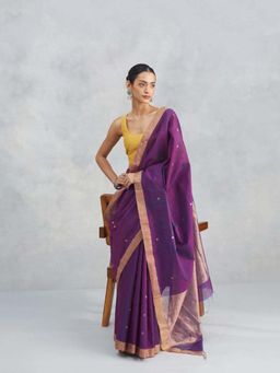 Fabindia - Purple Cotton Silk Blend Chanderi Saree Without Blouse